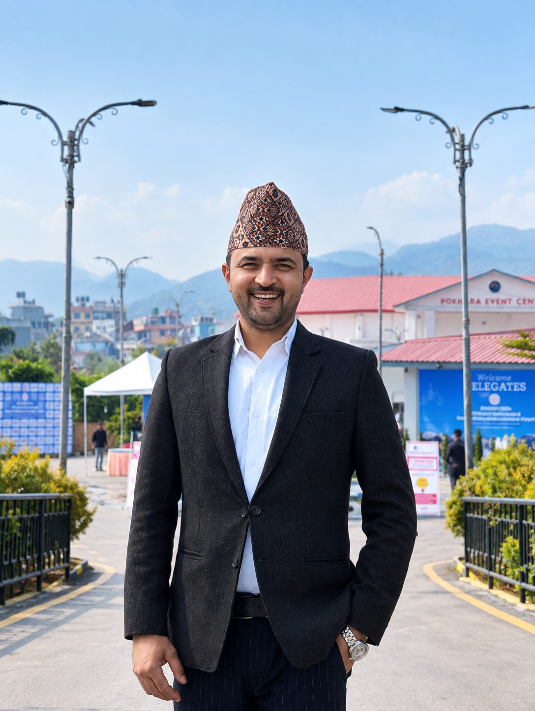 Krishna Giri smiling at the SANCON 2026 conference gate in Pokhara